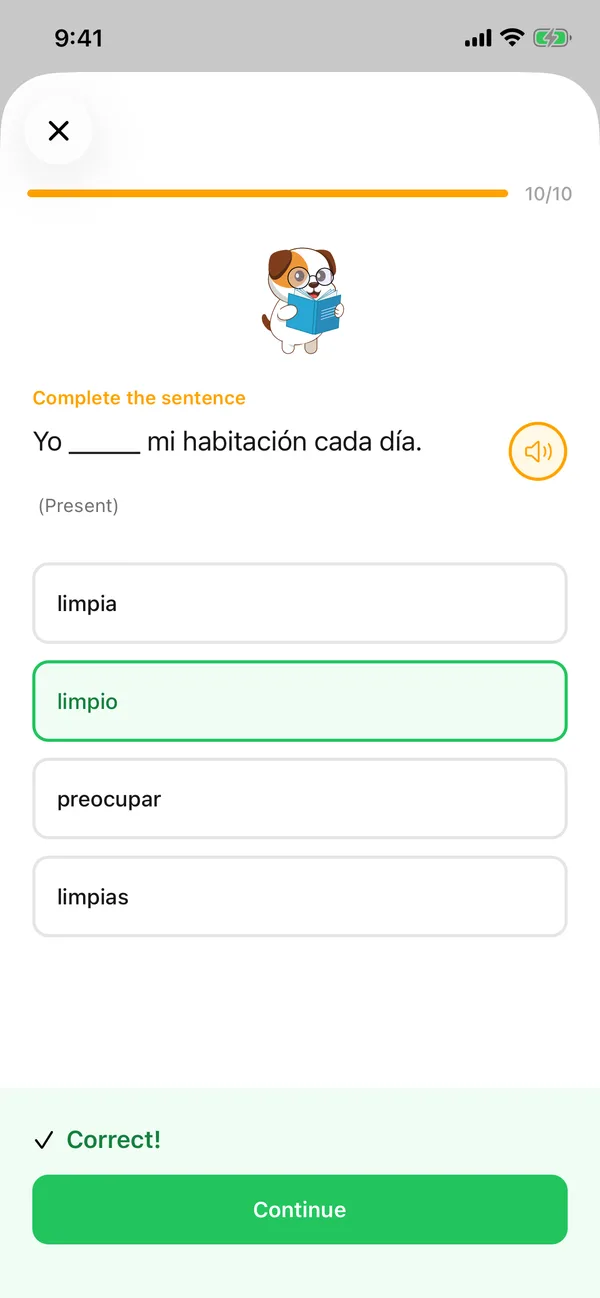 Correct answer limpio highlighted in green