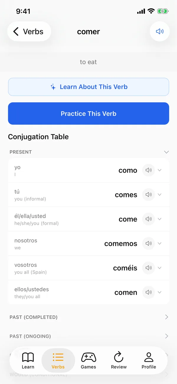 Present tense conjugation table for comer