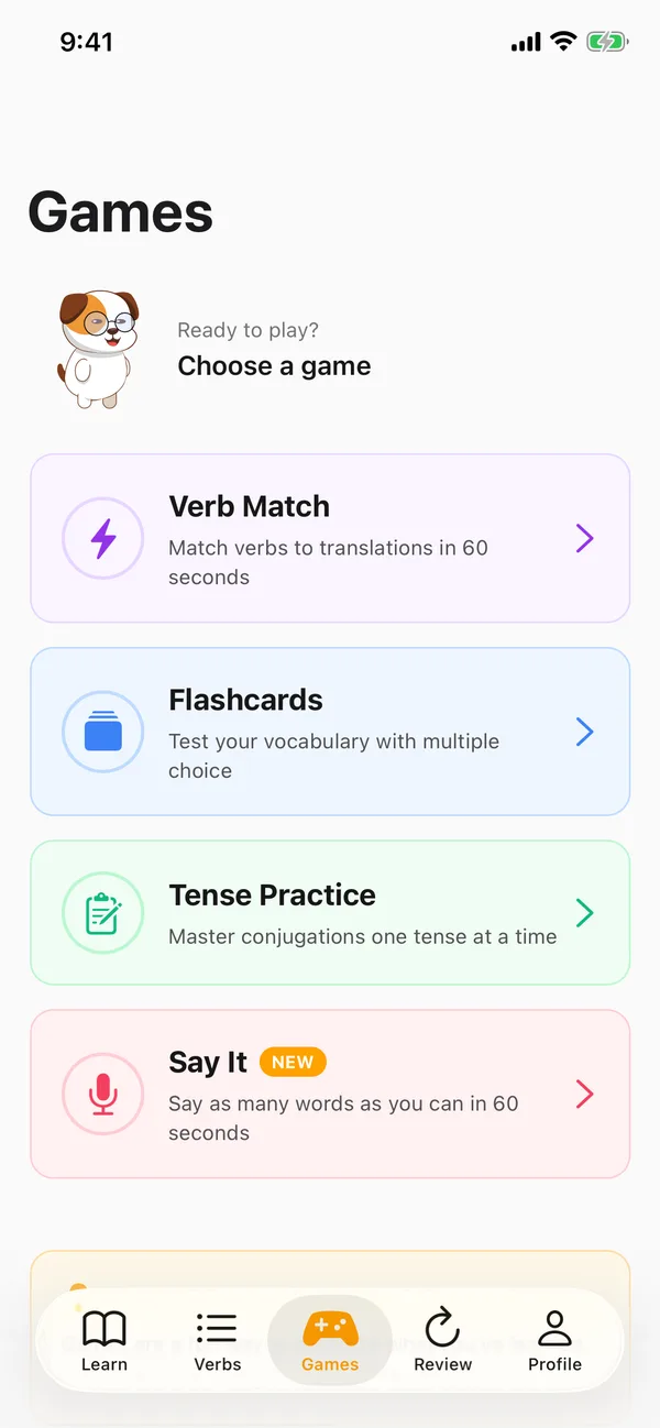 Games screen with Verb Match, Flashcards, Tense Practice and Say It