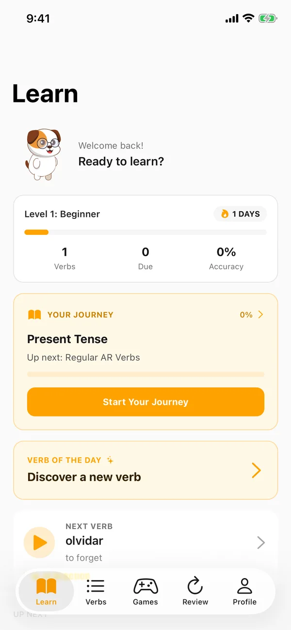 VerbPal Learn screen with daily streak and next verb to practice